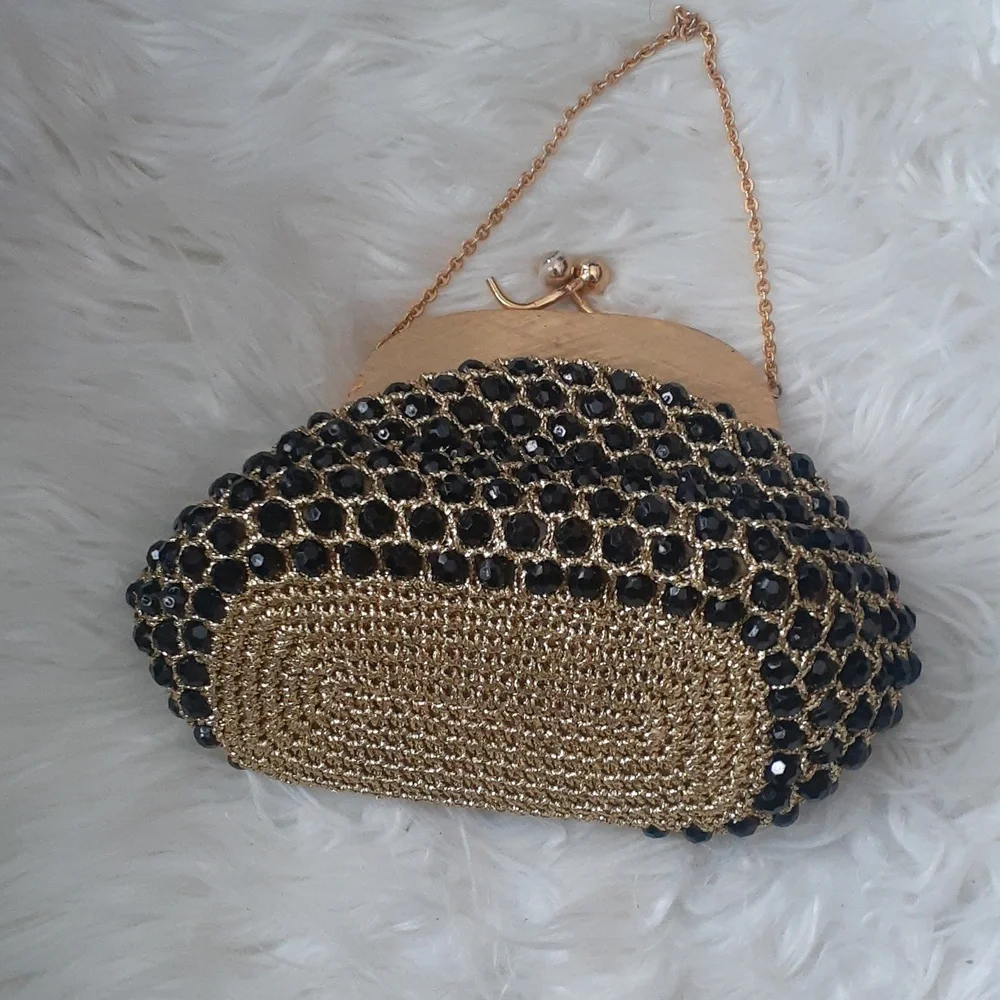 Vintage Black and Gold Beaded Clutch Wristlet